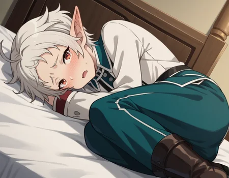 score_9, score_8_up, score_7_up, source_anime,
sylphy, <lora:sylphiette-s2-ponyxl-lora-nochekaiser:1>,
sylphy, short hair, ahoge, white hair, pointy ears, elf,
red eyes, long sleeves, boots, pants, uniform, shirt, white shirt,
indoors, bed, bed room, on side, blush, drunk,
looking at viewer, dutch angle, cowboy shot,