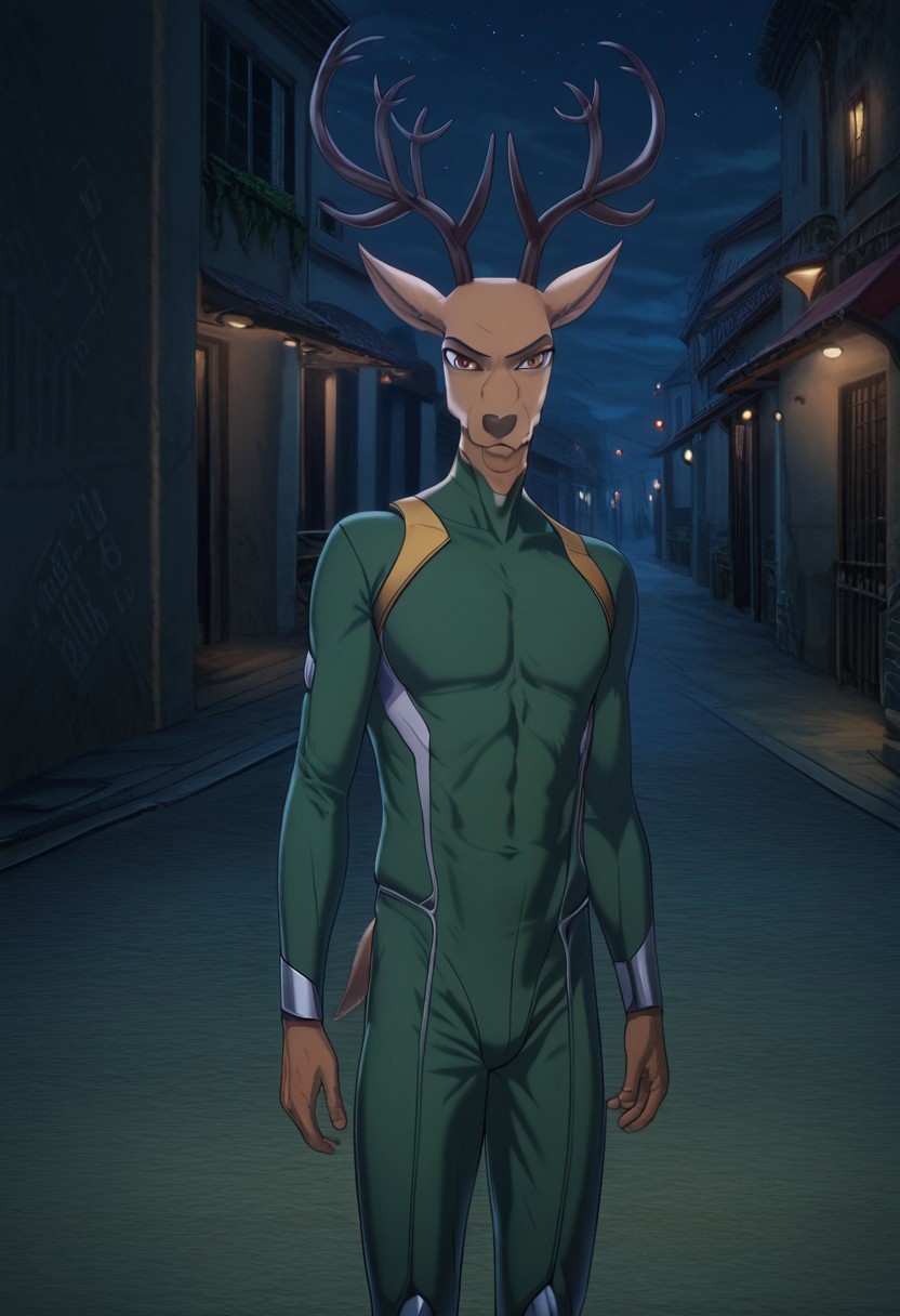 score_9_up, score_8_up, score_7_up, Masterpiece, best quality, high quality, detailed, male, solo male, 1boy, Louis, broad shoulders, mature male, reddish brown eyes, athletic build, slim build, deer, buck, antlers, brown body, animal ears, tail, outdoors, looking at viewer, standing, (taimanin suit:2.0, green bodysuit), annoyed, dark alley, night