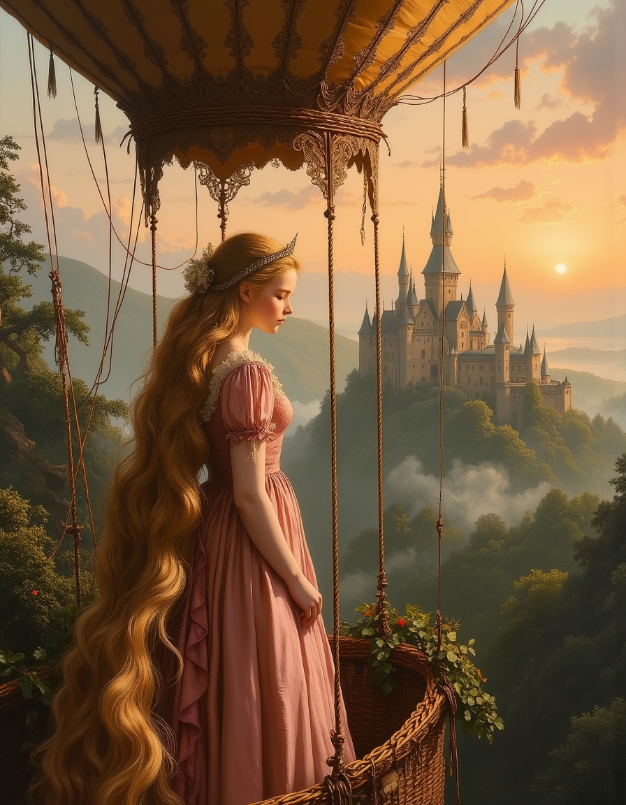 masterpiece, high quality, Oil Painting, Hyper-realistic, half body portrait of a young teen Rapunzel, serene and poised , exuding grace and dignity. She is elegantly dressed in a silk Victorian dress that is corseted, hooped, and bustled. She has 70 foot long, flowing golden hair, styled into elegant waves that cascade gracefully down her back, complemented by a subtle tiara that glints in the sunlight. She is a pale, almost translucent white skin. She stands gracefully in the wicker basket of a grand Victorian hot air balloon, its balloon fabric a rich tapestry of muted golds and deep maroons. The sky is painted with hues of orange and pink from the setting sun, casting a warm, ethereal glow. Far below, a sprawling castle with towering turrets and lush, green gardens comes into view, shrouded in a slight mist that enhances its dreamlike appearance. Her body is skinny and petite. Shadow and light, Masterpiece, intricate lines, intriguing atmosphere, sharp magnificent details, oil painting, delicate features, elaborate details, (2\3 rule composition:0.5), ultra detailed, romantic, Rembrandt lighting, brush stroke, lovely, del1cate_balance style, novuschroma, in the style of Rembrandt. vantablack <lora:style_of_Rembrandt_FLUX_135:.8> <lora:- Flux1 - vanta_black_V2.0:.3> <lora:Delicate_Balance:.3> <lora:neeeg_f1:-1> <lora:113_novuschromaFLX_1:.2> <lora:zavy-disney-rapunzel-fxl:.3>