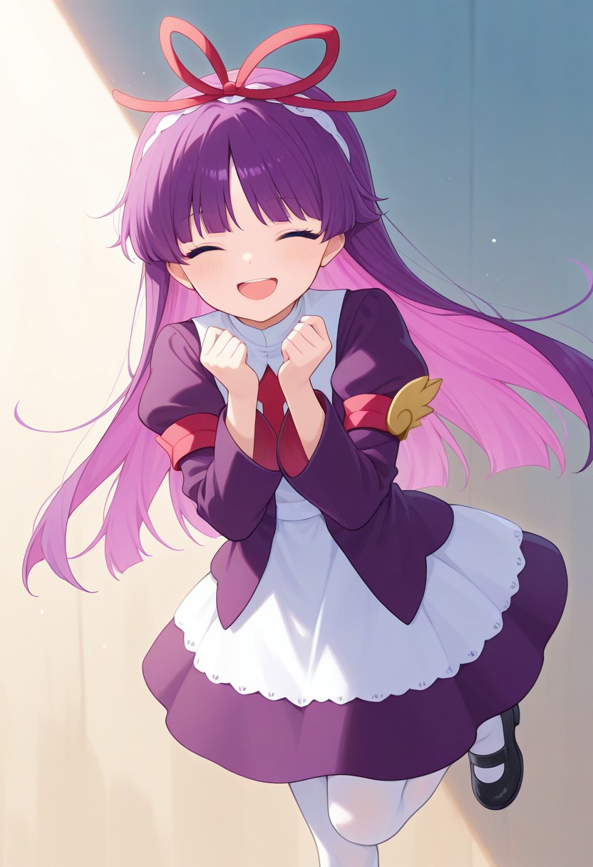 <lora:PFeli_SDXL_Illustrious01_fp16_ver01:1>,PFeli, 1girl, long hair,purple hair, white pantyhose, dress,red ribbon, blue eyes, black footwear,long sleeves, red bow,hairband,smile,open mouth, closed eyes,newest, masterpiece, best quality, very aesthetic, absurdres,<lora:detailed_hands:1>,hand