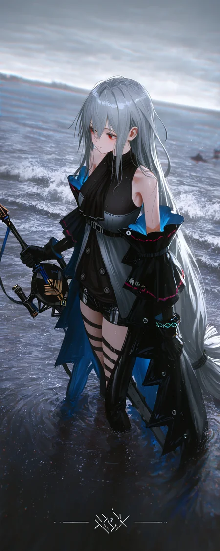 1girl, skadi \(arknights\, wanke, impressionism, stu dts, infukun, reoen, shion \(mirudakemann\), wlop, (isshiki \(ffmania7\):0.9), dutch angle, dark, feet out of frame, colored sketch, overcast, grey ocean, bare shoulders, fish, closed mouth, hair between eyes, long hair, looking ahead, looking to the side, partially submerged, half-closed eyes, ocean, outdoors, ripples, waves, sidelocks, black pants, holding sword, detached sleeves, solo, wet hair, very long hair, white hair, black theme, vignetting, perspective, vanishing point, horizon, blurry background, cinematic background, depth of field, chromatic aberration, pixiv fantasia, masterpiece, best quality, good quality, newest, highres, absurdres