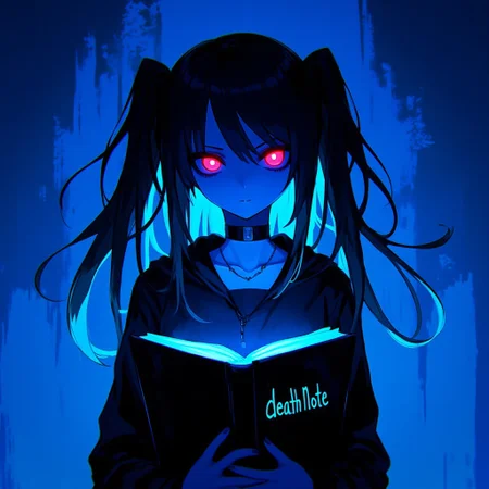 NLSTN. The image is a digital drawing in a vibrant, neon-lit NLSTN anime style, featuring a young girl with a haunting, gothic aesthetic. She has long, dark hair styled in twin tails, adorned with two glowing, red eyes that pierce through the dark, blue-hued background. Her expression is one of intense focus, as she holds an open book titled "Death Note" in her hands. The book's pages glow with a soft, blue light, contrasting with the dark, ominous atmosphere.
