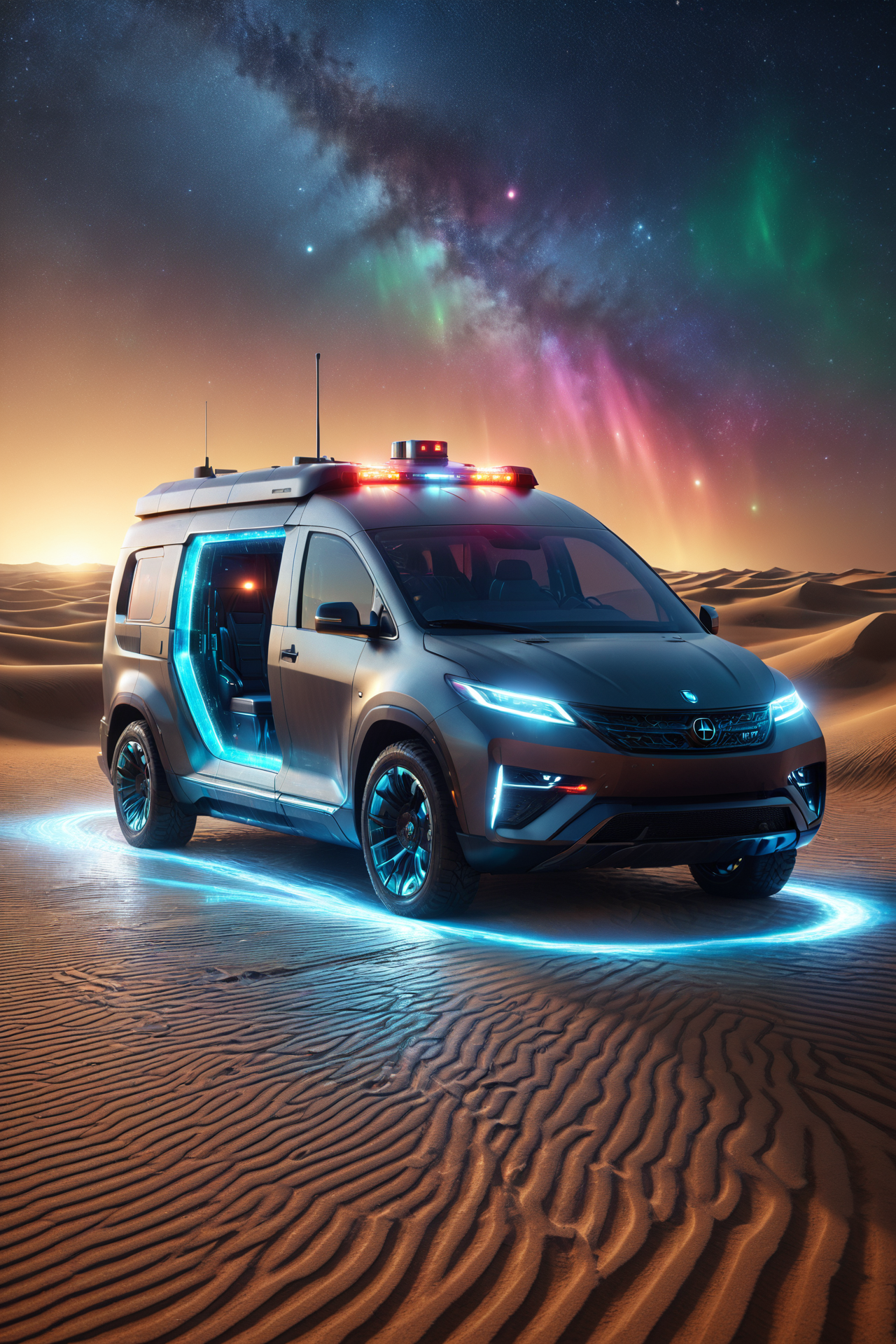 morph-aurora, a futuristic ambulance with medical lights, sleek design, solo, futuristic doors, upward opening, futuristic plaza, floating benches, holographic fountains, detailed background, cruising through a desert, sand dunes, holographic markers, portrait focus, close-up shot, a charging station, sleek design, cables connected, best quality, rich colors, photorealistic style, high detail, high-definition, hyper-realistic, extremely high-resolution details, fine texture, incredibly lifelike, realistic, not fantasy, not anime, not drawing, highres, 4K resolution, source photo, realistic photo, masterpiece, best quality, amazing quality, very aesthetic, ultra-detailed, detailed surfaces, natural metallic tones, soft lighting, stealth black, matte finish, warm light, close-up shot, <lora:add-detail-xl:1> <lora:aurora_0_100_V1-000009:0.65>