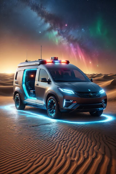 morph-aurora, a futuristic ambulance with medical lights, sleek design, solo, futuristic doors, upward opening, futuristic plaza, floating benches, holographic fountains, detailed background, cruising through a desert, sand dunes, holographic markers, portrait focus, close-up shot, a charging station, sleek design, cables connected, best quality, rich colors, photorealistic style, high detail, high-definition, hyper-realistic, extremely high-resolution details, fine texture, incredibly lifelike, realistic, not fantasy, not anime, not drawing, highres, 4K resolution, source photo, realistic photo, masterpiece, best quality, amazing quality, very aesthetic, ultra-detailed, detailed surfaces, natural metallic tones, soft lighting, stealth black, matte finish, warm light, close-up shot, <lora:add-detail-xl:1> <lora:aurora_0_100_V1-000009:0.65>