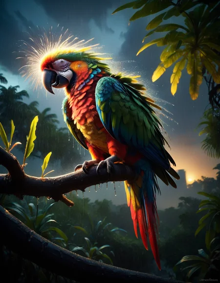colorful parrot, playful , (ruffed feathers:1.2), dawn, dew, jungle, rain, windy storm, dark, calm, slumber incoming, back-light, silhouette, filigree shadows <lora:ral-firworx:1> ral-fireworx
