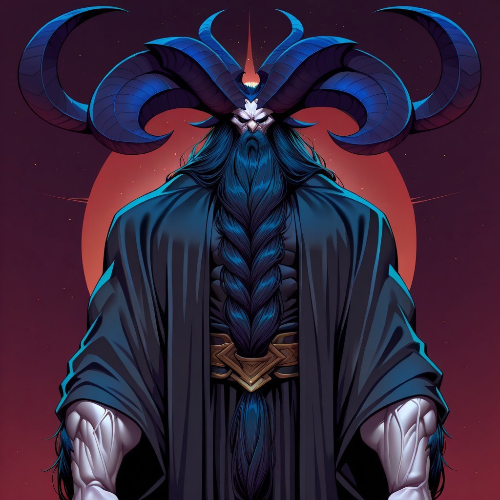 masterpiece, best quality, newest, absurdres, highres,  anime, anime style, multiple massive horns, multiple big horns, 1boy, demon, white skin, white colored skin, black hair, horns, massive horns, Massive horns, big horns, muscular male, monster boy, monster, muscular, black robe, black eyes, manly, beard, long beard, armor,