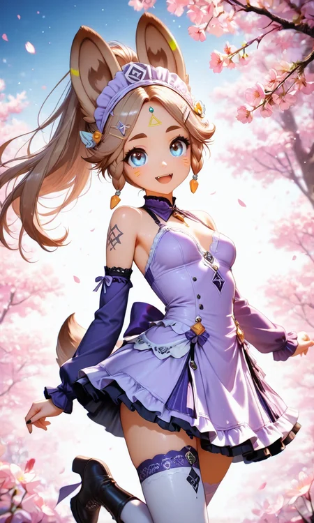 masterpiece, cute, lovely, (best quality:1.3), best quality, (amazing quality:1.3) ,very aesthetic, high resolution, absurdres, newest, 1girl, solo, perfect eyes, intricate eyes, Kachina_Genshin, animal ears, long hair, braid, high ponytail, brown hair, thick eyebrows, facial mark, blue eyes, parted bangs, tattoo, animal_tail, very cute, light particles, cute details, cute colors, (medium_breasts:1.3), BREAK, cherry blossoms background, leaning back, leaning to the side, light purple gothic dress with  ribbon , headdress, x hairpin, fangs, earrings, chocker with ruby, smile, thigh high garters, Platform high heel boots, thighhigh, black nails, detached sleeves, free pose, delicate skin texture, fair skin, delicate face, long eyelashes, pastels, bright tones, wind, light particles, light, bright tones, motion lines, extremely detailed, intricate, delicate details, movie lighting, very beautiful, absurd, dynamic graphics, dynamic angles, special movements, dynamic poses, action poses, dynamic movements, (Illustration: 1.2), (8K Wallpaper), (Beautiful, pretty eyes: 1.2), Delicate eyes, beautiful, soft colors, clear line, 748cmstyle, project sekai, soft, pastel, colorful, upper body
