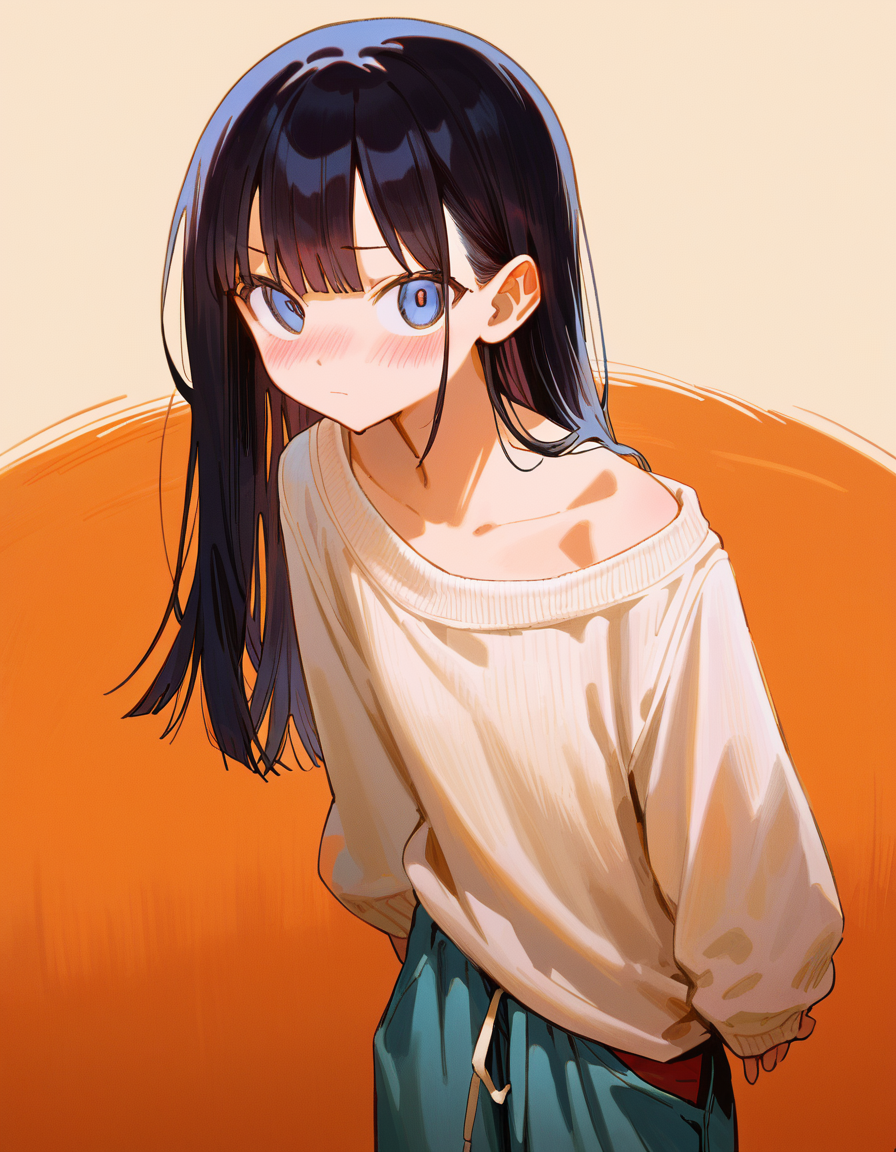score_9, score_8_up, score_7_up, 1girl, blush, long hair, black hair, looking at viewer, arms at sides, baggy pants, simple background, cowboy shot, closed mouth, long sleeves, sweater, film grain, <lora:kikenXLtest1:1>