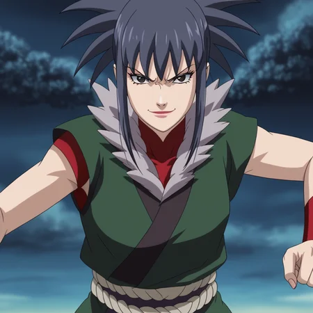 <lora:SlimesGuren:1>, slimes_guren, woman, solo, evil smirk, black eyes, fighting stance