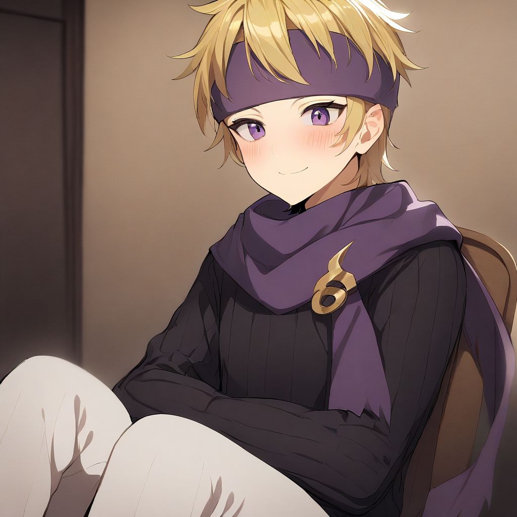 1boy, blonde hair, purple eyes, purple headband, purple scarf, black sweater, ribbed sweater, white pants, solo, best quality, high quality, very aesthetic, abusrdres, smile, blush, sitting, indoors, chair