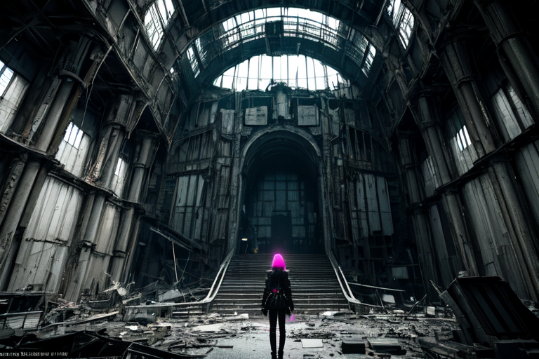 highly insanely detailed, masterpiece, top quality, best quality, highres, 4k, 8k, RAW photo, (very aesthetic, beautiful and aesthetic),  
tsutomu nihei,nihei_tsutomu,blame!,blame gakuen!,abara,TNstyle,sidonia_no_kishi,(mausoleum,hangar,stairs,giant room,city ruins,sidonia \(ship\)),bones,cyberpunk,vast scenery,perspective,no human,dark background,blm,dystopia,destroyed,science fiction,empty,futuristic,flock,open space, 
<lora:ABARA:0.3>, 
(1girl:1.3), 
solo focus, 
bright pink background,âââ