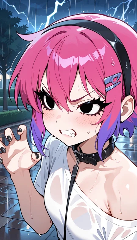 masterpiece, best quality, very aesthetic, absurdres,
solo, 1girl,
ramflo, short hair, multicolored hair, two-tone hair, pink hair, purple hair, long eyelashes, black eyes,
veins, angry,
black nails, shirt, collar, white shirt, clenched teeth, single off shoulder, nail polish, blush, black collar, hairband, outdoors, claw pose, t-shirt, single bare shoulder, upper body, fingernails, leash, day, animal collar, hair between eyes,, hairclip, short sleeves,
rain, wet,
outside, park, night, lightning in background,