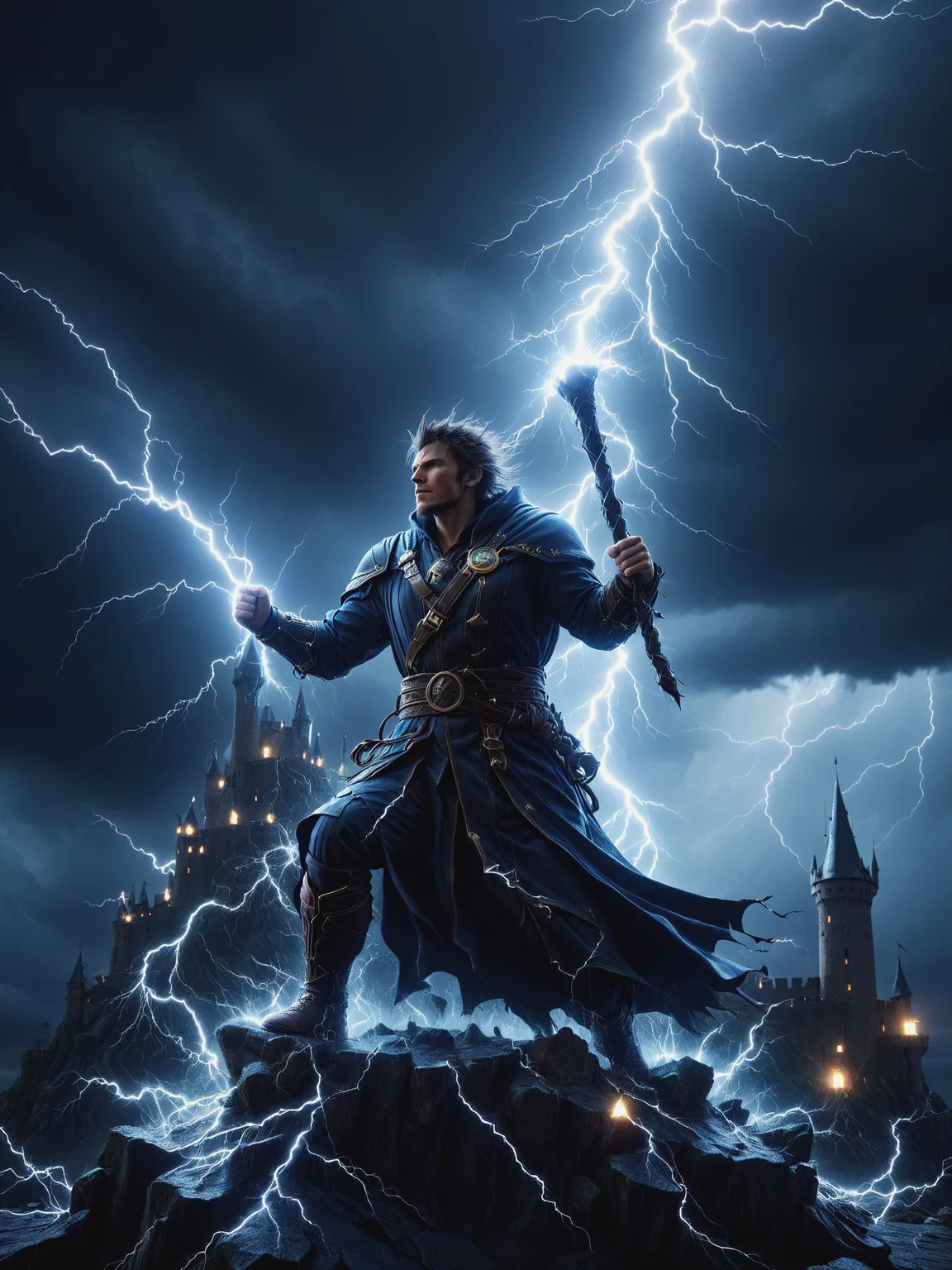 wizard on castle raising his staff as mad-lgthng lightning strikes, storm cloud, dramatic lighting, cinematic shot <lora:Lightning_SDXL:1.0>, masterpiece, best quality, ultra high res, (photorealistic, realistic:1.2), deep shadow, raw photo, film grain, Fujifilm XT3, 8k uhd, dslr
