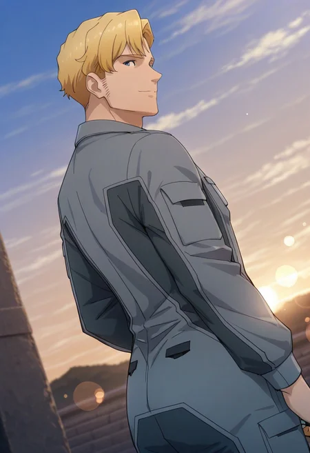 safe_pos, safe_pos, score_9, score_8_up, score_7_up, score_6_up, perfect anatomy, perfect proportions, best quality, masterpiece, high_resolution, high quality, best aesthetic, incredibly absurdres, highres, extremely detailed, huge filesize, solo male, adult, mature, masculine, manly, handsome, charming, alluring, seductive, heroic, standing, upper body, dutch angle, cowboy shot, perfect face, perfect eyes, source_anime, anime coloring, BBBSmith, Lewis Smith \(Brave Bang Bravern\), blue eyes, BBBSmith_hairstyle01, short hair, blond hair, BBBSmith_outfit03, back undershirt, grey pilot jumpsuit, two-tone jumpsuit, grey/black jumpsuit, black boots,, low angle, cinematic still, emotional, harmonious, vignette, bokeh, cinemascope, moody, epic, gorgeous, outdoor, sky, day, from front
