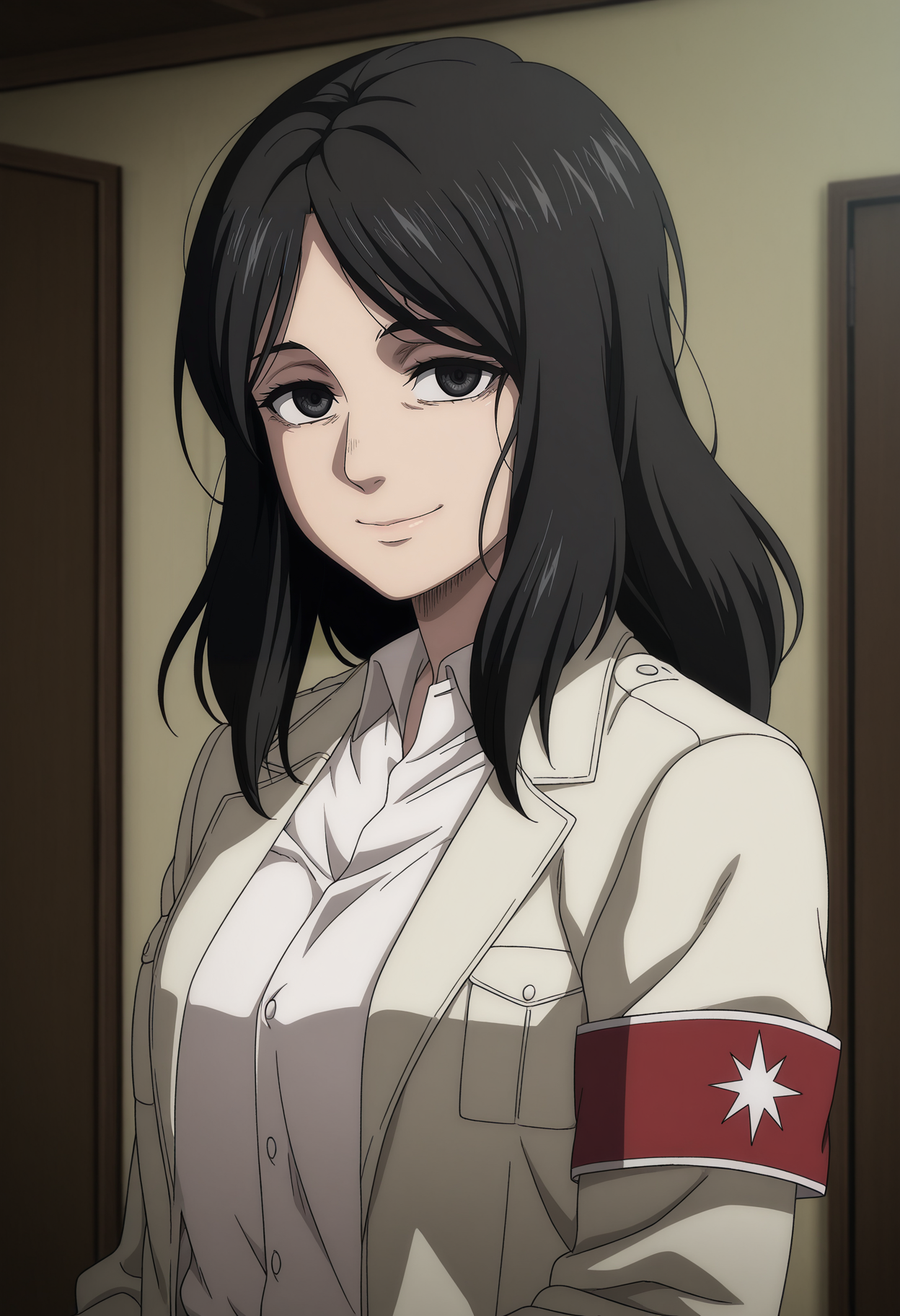 1girl,solo,mm,mature female,black hair,long hair,black eyes,anime coloring,
jacket,armband,collared shirt,white shirt,open jacket, looking at viewer, smile,upper body, indoors,
,masterpiece,best quality,amazing quality,<lora:Pieck_Finger-Shingeki_no_Kyojin-The_Final_Season:0.8>