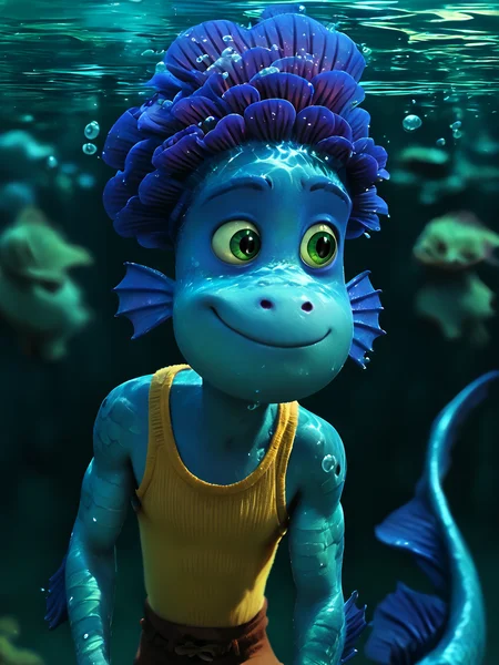 score_9, score_8_up, score_7_up, score_6_up, BREAK, monstralberto, 1boy, solo, closed mouth, smile, tank top, night, underwater, swimming, tail, brown shorts, natural light <lora:MonsterAlberto:1> d3t41l3d <lora:d3t41l3dXLP:1>