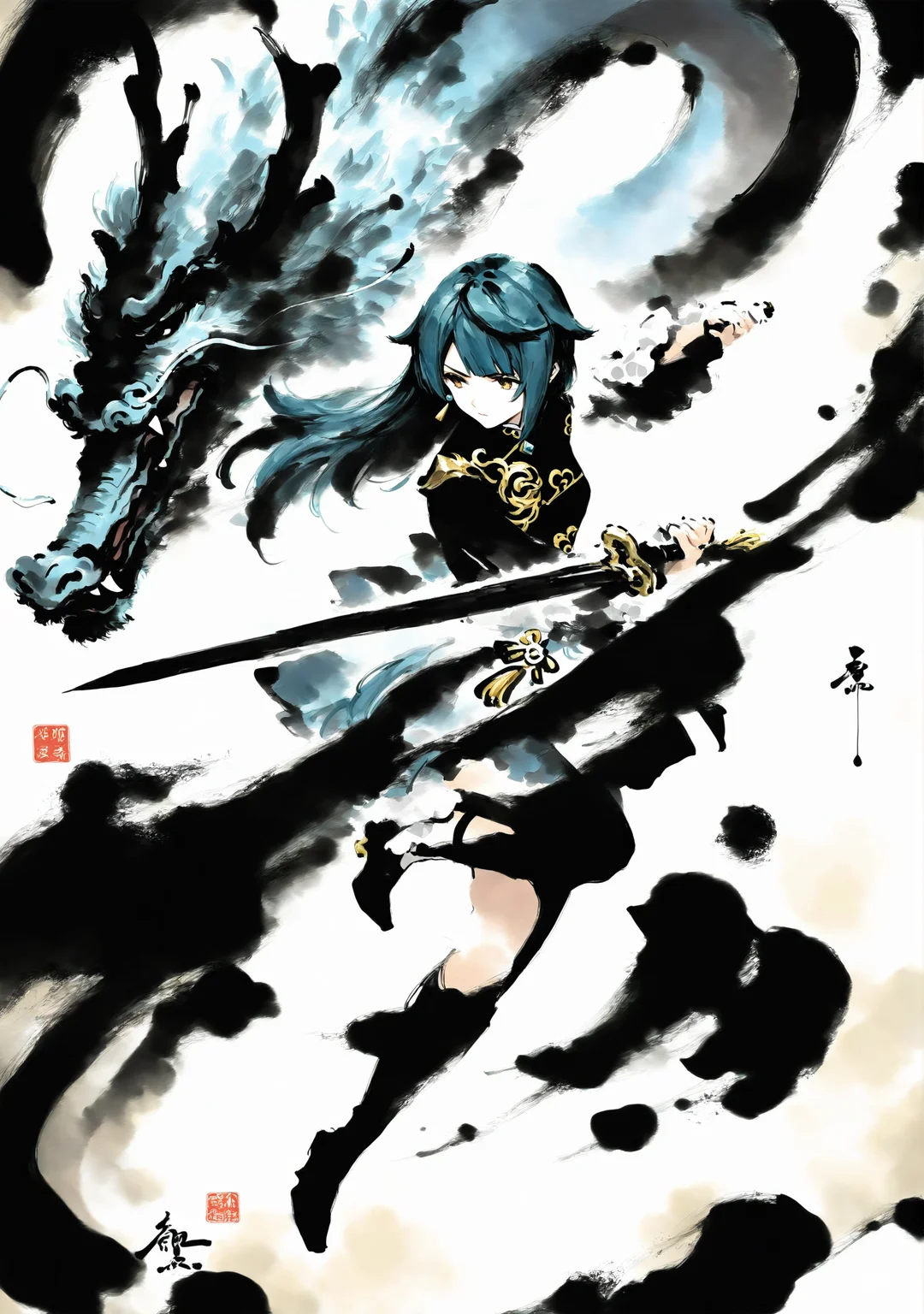 masterpiece,best quality,<lora:yi-noob:1>,ink wash painting,
1girl,solo,xingqiu \(genshin impact\),long hair,earrings,holding sword,fighting stance,water dragon,