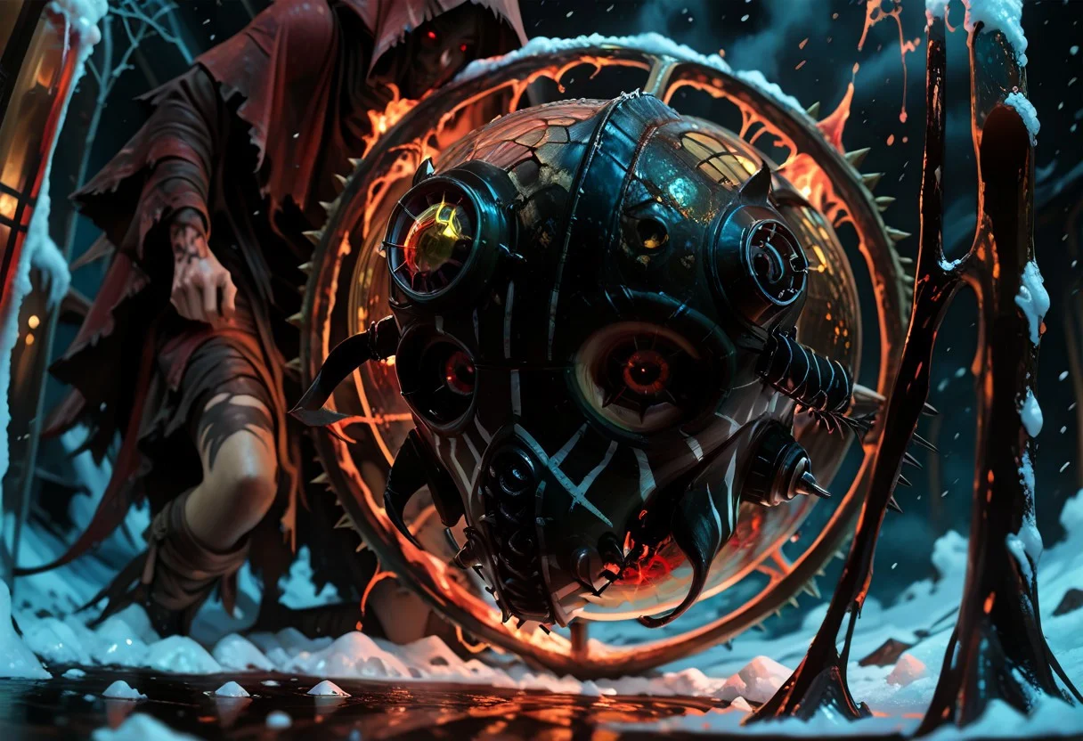masterwork, masterpiece, best quality, detailed, depth of field, high detail, deep colour, high contrast, very aesthetic, sharp edges, precise, clear focus, highly detailed epic cinematic concept art, (octane render:1.6), (3d shading:1.6), dynamic lighting, very inspirational, (Dreamlike surrealist painting:1.8),
(the world is burning (inside a glass sphere:1.9) :1.5), watched by a demon, surreal female demon, red eyes, swirling cloak turning into threatening clouds,
snow, glowing footprints, burning tears scorch the land, eldritch, horror, gdv2-illu,