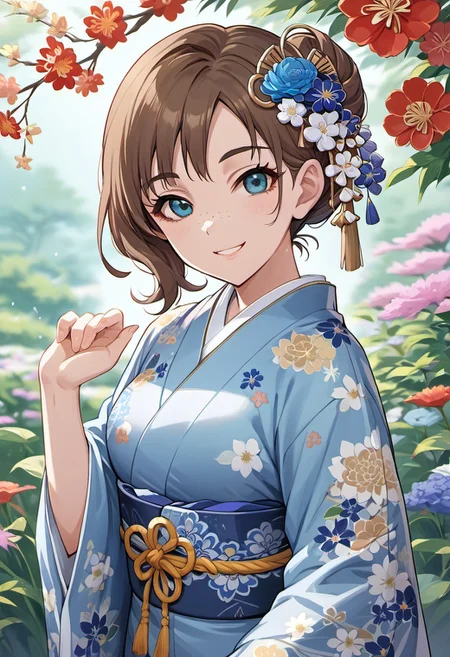 score_9, score_8_up, score_7_up, source_anime,kate, brown hair, blue eyes, short hair, 1girl, japanese clothes, solo, kimono, freckles, blue kimono, floral print, hair ornament, looking at viewer, smile, flower