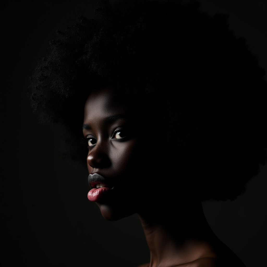 <lora:Chiaroscuro Lighting Style v1:1>
Chiaroscuro Lighting Style of a woman with a very large afro hair, sharp, detailed, perfect, perfection, realism, cinematic exposure, cinematic color, cinematic contrast, dramatic style, cinematic style, dramatic shadow, partially covered in shadow, Chiaroscuro Lighting Style, solo, 1boy, male focus, tongue, tongue out, facial hair, realistic, dark, bald, 1girl, black hair, dark skin, closed mouth, portrait
