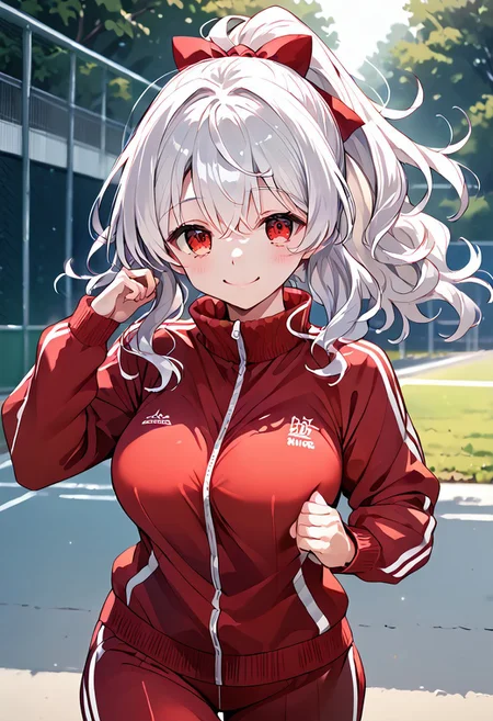 score_9, score_8_up, score_7_up, source_anime, rating safe, outdoor, 1girl, 18yo, tracksuits, running, white hair, long hair, wavy hair, ponytail, red eyes, upturned eyes,  expressive eyes, curvy, shy smile, large breasts, perfect hand, detailed, day, 8k, masterpiece, by koumashiro,