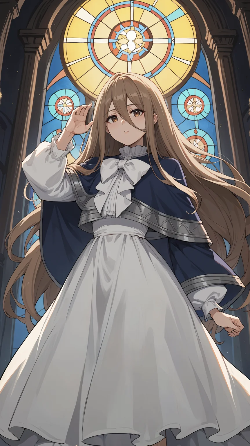 score_9,score_8_up,score_7_up,score_6_up, <lora:xl_more_art-full_v1:0.5>, source_anime, girl, dynamic pose, dynamic pose, <lora:Sense - Pony-000004:0.8>, long hair, brown hair, messy hair, hair between eyes, extra long hair, brown eyes, white bow, blue capelet, white dress, gothic architecture, dark room, dark lighting, stained glass,