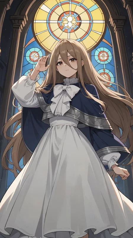 score_9,score_8_up,score_7_up,score_6_up, <lora:xl_more_art-full_v1:0.5>, source_anime, girl, dynamic pose, dynamic pose, <lora:Sense - Pony-000004:0.8>, long hair, brown hair, messy hair, hair between eyes, extra long hair, brown eyes, white bow, blue capelet, white dress, gothic architecture, dark room, dark lighting, stained glass,