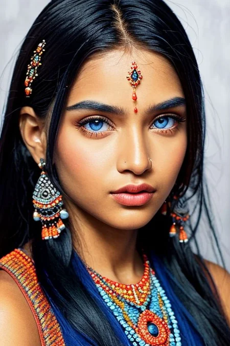 close-up photographic portrait of woman with strikingly vibrant blue-silver eyes. Soft shoulders showing. The face should, intricate, tribal-inspired art, patterns, reminiscent of beadwork and ceremonial embellishments, scheme, rich reds, oranges, blues --ar 2:3