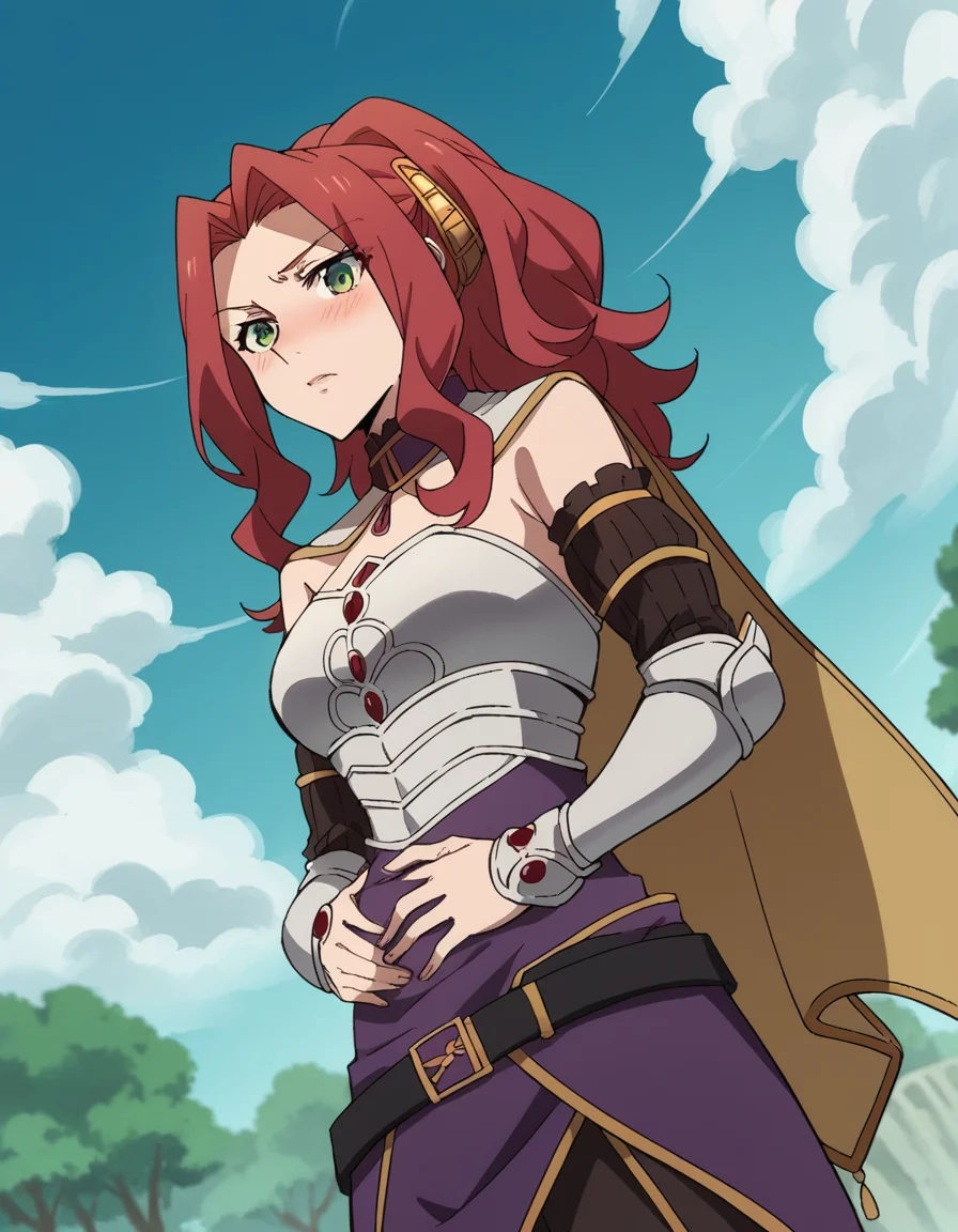 score_9, score_8_up, score_7_up, source_anime, <lora:malty-melromarc-s1s2s3-ponyxl-lora-nochekaiser:1>, malty melromarc, long hair, green eyes, red hair, parted bangs, ponytail, medium breasts, bare shoulders, belt, cape, armor, breastplate,, floating island, sky, clouds, greenery, magical, , hand on stomach, blush,, looking at viewer, solo,, dutch angle, cowboy shot