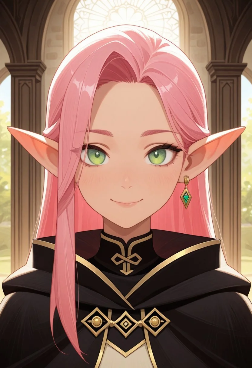 masterpiece, best quality, amazing quality,,<lora:afkArenaIllustrious:1>
afkarenastyle,
1girl, female elf, solo, portrait, female focus, pink hair, green eyes, slim, long hair, light skin, smile, looking at viewer, outdoors, beautiful, black cloak with gold trimming, earrings, indoors, arcane library