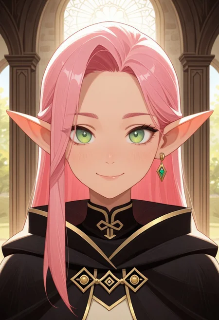 masterpiece, best quality, amazing quality,,<lora:afkArenaIllustrious:1>
afkarenastyle,
1girl, female elf, solo, portrait, female focus, pink hair, green eyes, slim, long hair, light skin, smile, looking at viewer, outdoors, beautiful, black cloak with gold trimming, earrings, indoors, arcane library