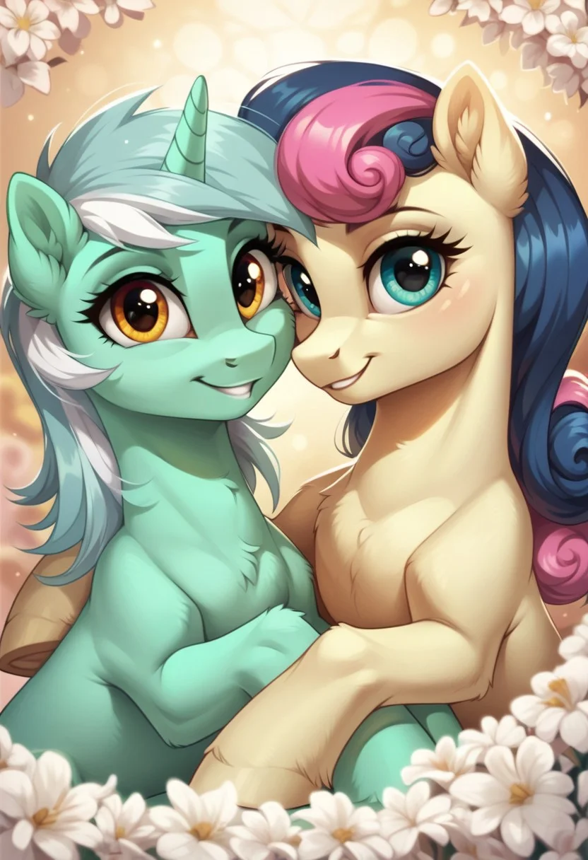score_9, score_8_up, score_7_up, score_6_up, score_5_up, score_4_up, my little pony, ((feral pony)), lyra heartstrings, sweetie drops, 2girls, ((duo)), (sexy), beautiful, detailed, (detailed cute pony face), detailed eyes, detailed fur, beautiful, vector, flat colors, (abstract background:1.1), (looking at you, looking at viewer), smile, cute smile