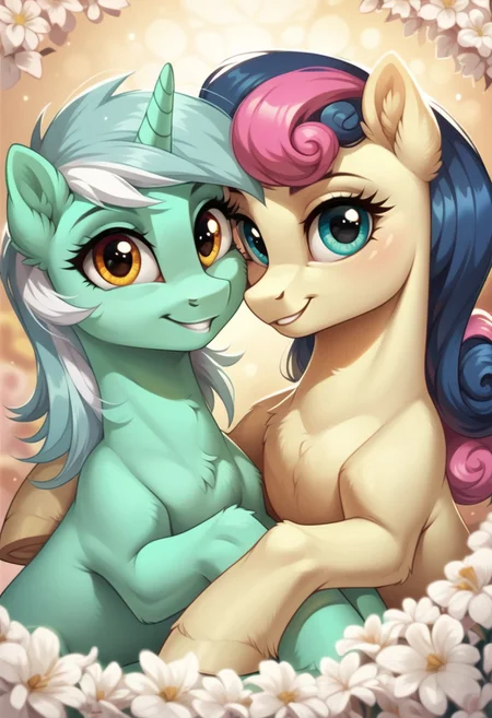 score_9, score_8_up, score_7_up, score_6_up, score_5_up, score_4_up, my little pony, ((feral pony)), lyra heartstrings, sweetie drops, 2girls, ((duo)), (sexy), beautiful, detailed, (detailed cute pony face), detailed eyes, detailed fur, beautiful, vector, flat colors, (abstract background:1.1), (looking at you, looking at viewer), smile, cute smile