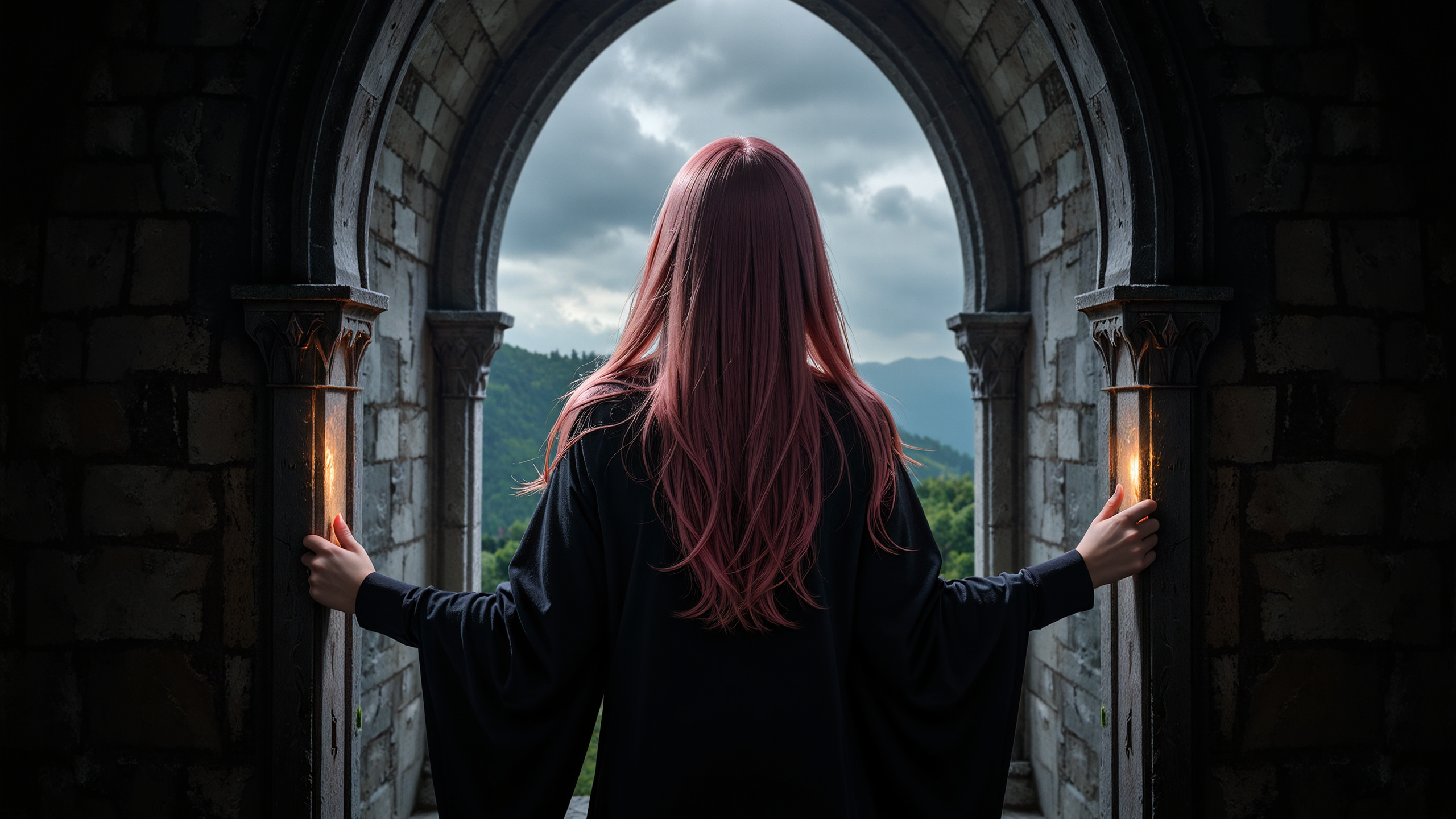 Dark gothic style,a front view of a long pink wavy haired woman with green eyes dressed in a black gothic robe standing at the window of an ancient castle,slowly opening the window,weak candlelight illuminating the interior,dark storm clouds outside,the woman's eyes cold and deep,the gothic stone walls behind her,with strong contrasts of shadow and light,
<lora:yuukananri-base-02-flux:0.8>,yuukananri,she has a slender physique and a petite build,<lora:klordoftherings-01:0.6>,klordoftherings,