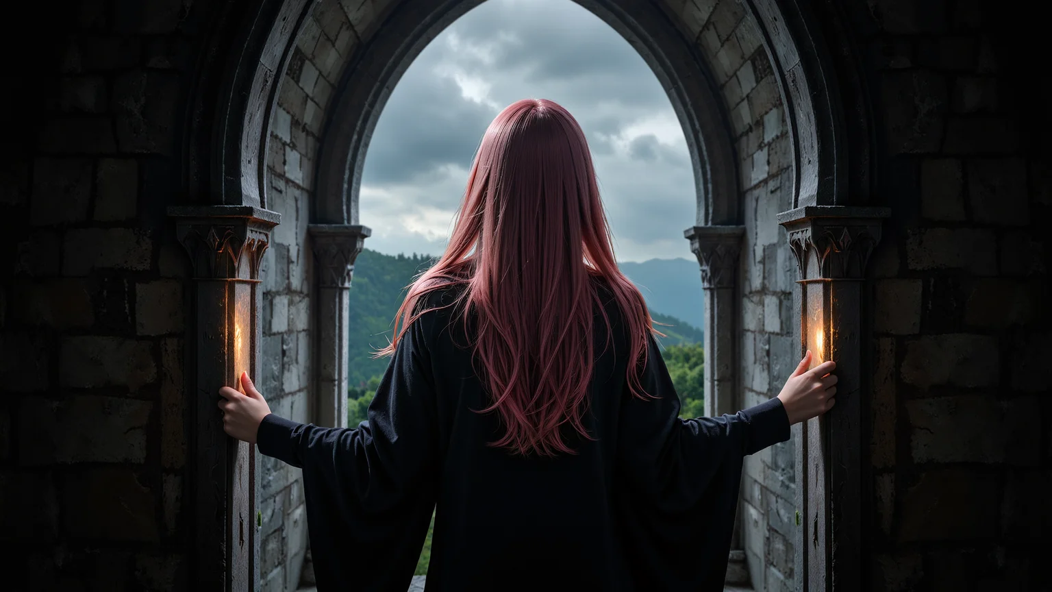 Dark gothic style,a front view of a long pink wavy haired woman with green eyes dressed in a black gothic robe standing at the window of an ancient castle,slowly opening the window,weak candlelight illuminating the interior,dark storm clouds outside,the woman's eyes cold and deep,the gothic stone walls behind her,with strong contrasts of shadow and light,
<lora:yuukananri-base-02-flux:0.8>,yuukananri,she has a slender physique and a petite build,<lora:klordoftherings-01:0.6>,klordoftherings,