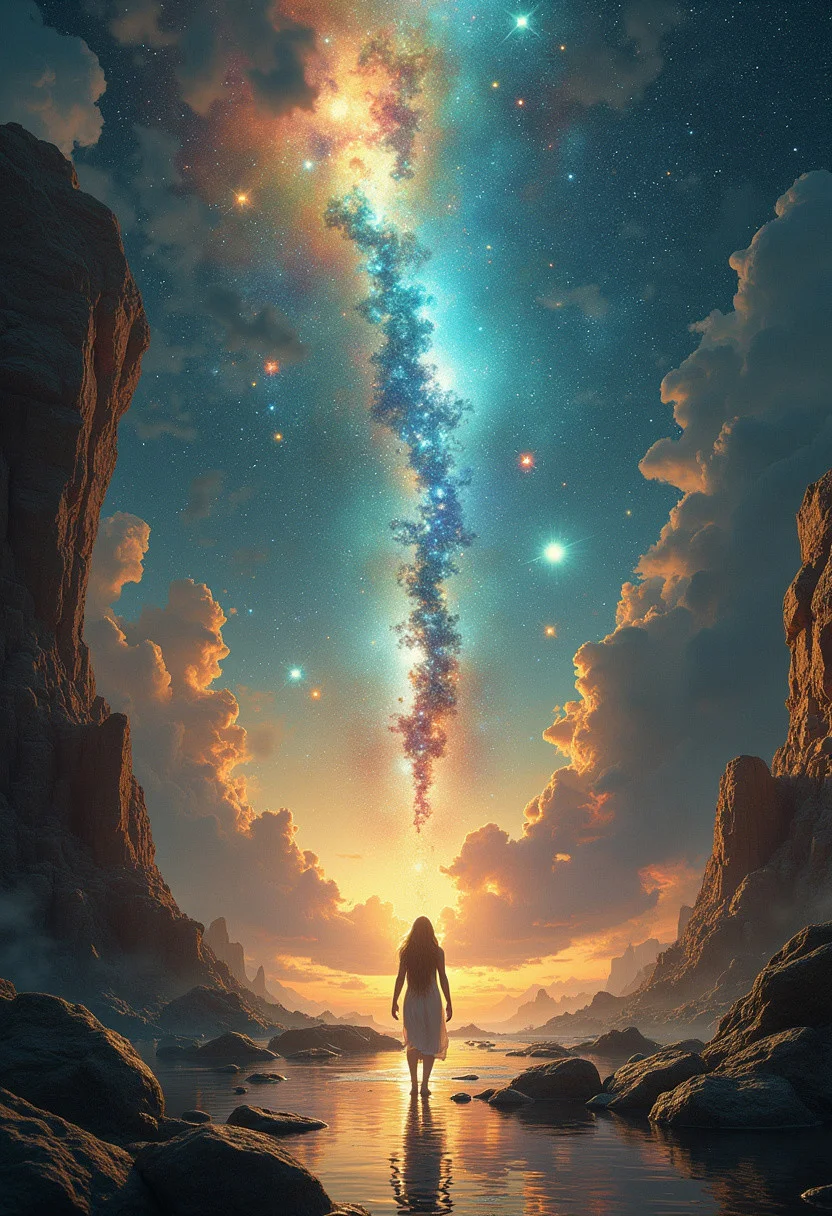 At the end of time, in the deep of space a being of light and magic ponders the universe and births a new reality. Futuristic, Fantastic, beautiful, exotic, magical, surreal, Abstract, absurd,