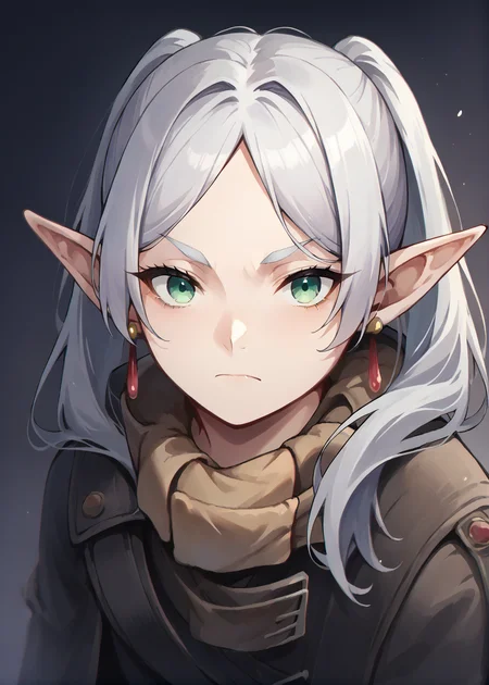 source_ anime, dark background,<lora:frieren_nereirfpnxl_pony_v2:1> nereirfpnxl, frieren, pointy ears, long hair, elf, earrings, green eyes, twintails, looking at viewer, white hair, closed mouth, <lora:Cayde-6_PonyXL:0.8> armor, scarf, cape, black gloves, hood,, BREAK score_9, score_8_up, score_7_up, score_6_up, score_5_up,