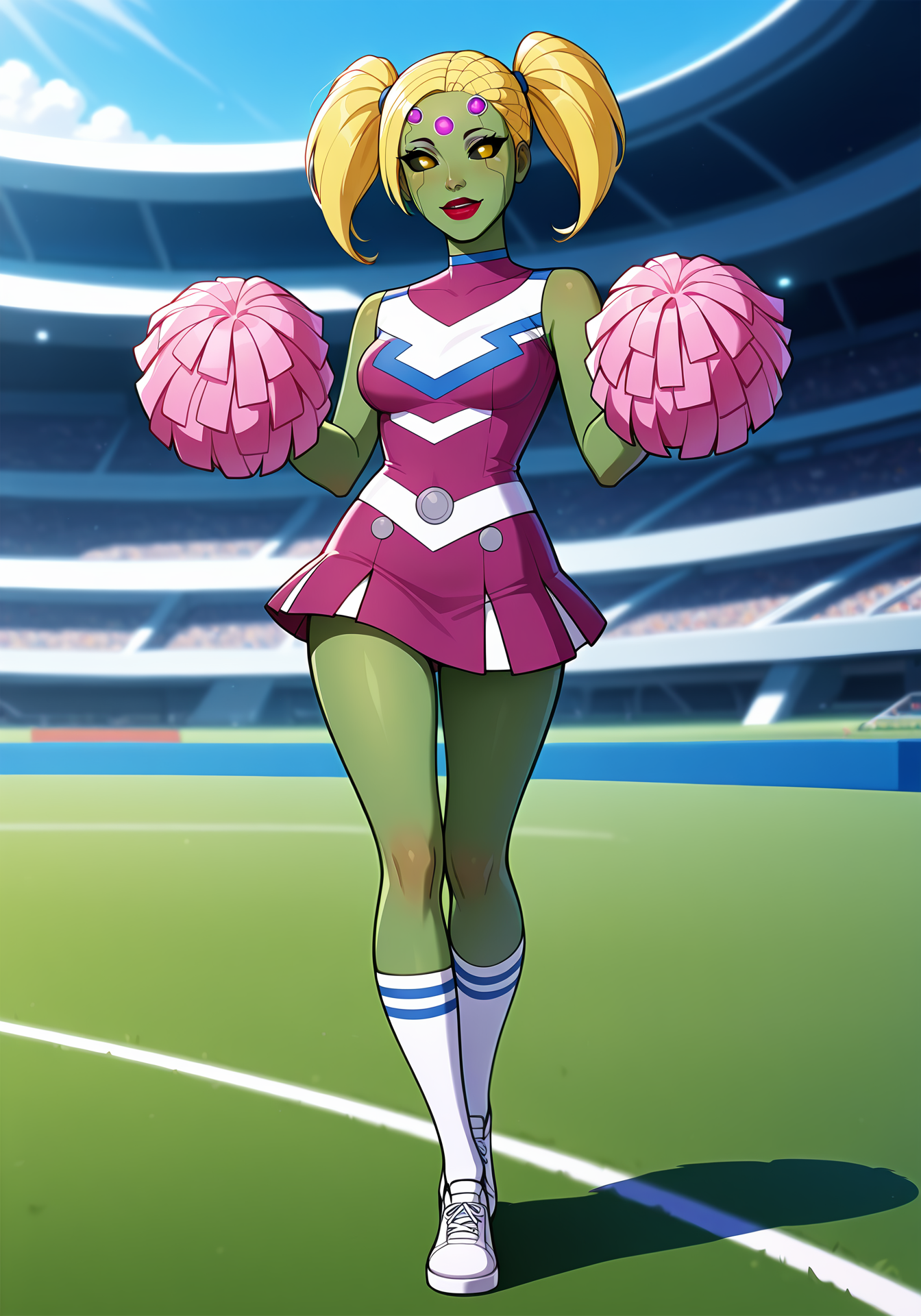 absurdres, 8k, high resolution, masterpiece, best quality, absolutely fantastic art, amazing quality, very aesthetic,1girl, solo,<lora:brainiacwife:.8>, brainiacwife, green skin, blonde hair, twintails, lipstick, cheering, yellow eyes, alien girl, black sclera, full body, outdoors, football field, pompoms, cheerleader