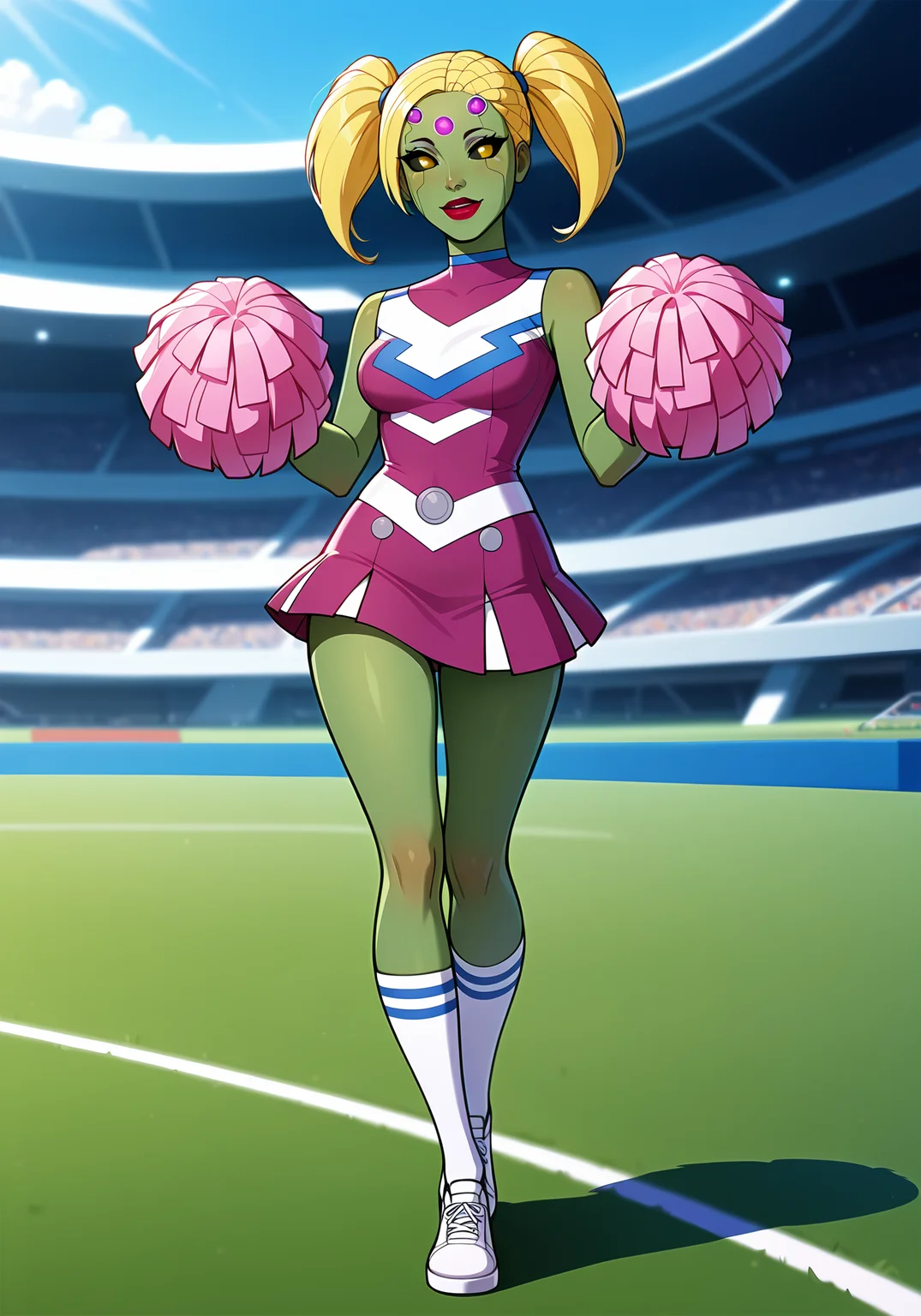 absurdres, 8k, high resolution, masterpiece, best quality, absolutely fantastic art, amazing quality, very aesthetic,1girl, solo,<lora:brainiacwife:.8>, brainiacwife, green skin, blonde hair, twintails, lipstick, cheering, yellow eyes, alien girl, black sclera, full body, outdoors, football field, pompoms, cheerleader