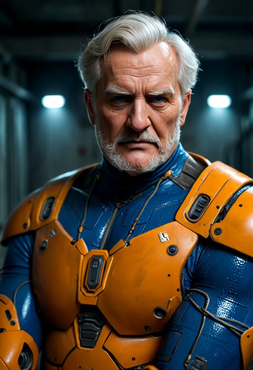 realistic, closeup portrait, face portrait, focus on face, seen from the side, dark cyberpunk megacity, neonlit background, volumetric light rays, natural light, alone, solo, relaxed cute pose, arm resting on leg, old granddad, old man, grandpa, tanned skin, strong tan, pubic-hair, pale blonde short hair, small flat crooked down nose, bushy eyebrows, hairy chest, chesthair, strong manly round chubby face, deep blue eyes, (charming, handsome, sensual, arrogant, challenging), wearing orange cybernetic armor, cables and wires, analogue tech, scifi armor, blue latex bodysuit, cybernetic bodysuit, cyberpunkt accessoires