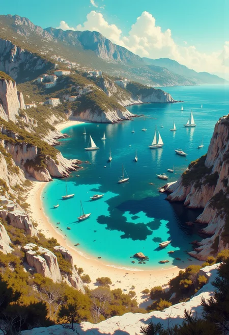 A captivating aerial photograph of a Mediterranean anchoring paradise, showcasing crystalline turquoise waters embracing a fleet of sailboats and vessels nestled in a protected bay. The water transitions dramatically from shallow azure near the shoreline to deeper sapphire hues offshore, with fascinating dark patches revealing underwater rock formations and Posidonia meadows. Rugged limestone cliffs and gentle hills covered in sparse Mediterranean maquis vegetation encircle the bay, creating a natural harbor sheltered from prevailing winds. A pristine crescent of golden sand forms an intimate beach cove, inviting exploration from anchored vessels. The scene bathes in the warm glow of Mediterranean sunlight under a cloudless cerulean sky, while distant coastal silhouettes hint at nearby islands waiting to be discovered. The composition captures the essence of exclusive Mediterranean sailing, where natural beauty meets nautical freedom in perfect harmony. Cinematic, coastal paradise, Mediterranean seascape, yachting destination.
 Intricate linework with expressive contrasts, low-key lighting with cool shadows dynamic highlights. In the style of ff-td, DB4RZ, DB4RZ style painting