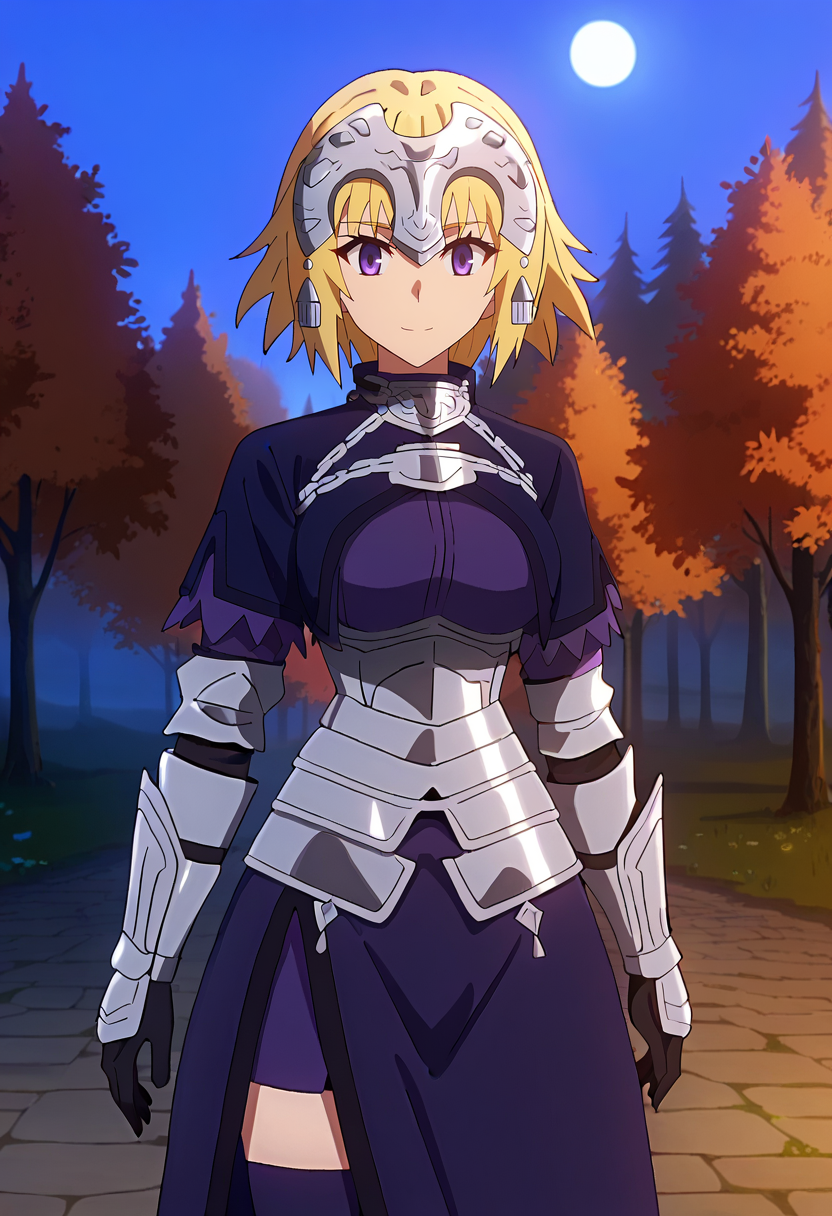 score_9, score_8_up, anime screencap, anime coloring, 
<lora:FateApocrypha_JeanDArcXL:0.8>, JeanDArcFA,
1girl, light smile,
blonde hair, purple eyes, short hair,
JeanArmor, headpiece, purple capelet, purple dress, armor, long skirt, purple thighhighs,
standing, looking at viewer, thigh gap,
outdoors, night, dark, forest, moon