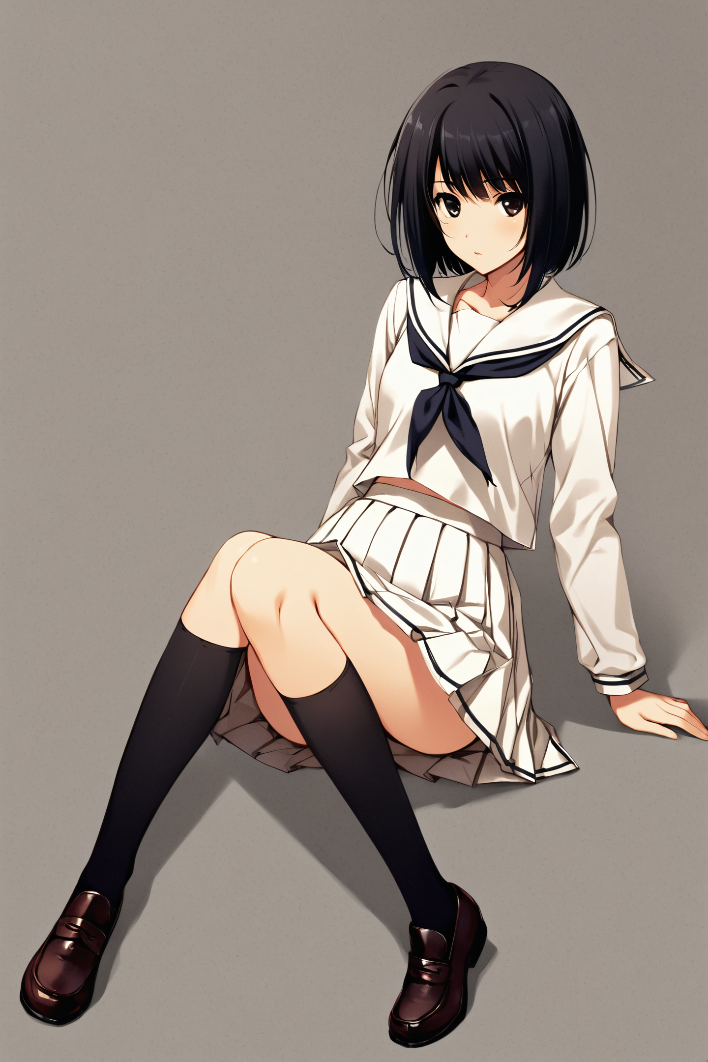 1girl,solo,school uniform,black hair,short hair,skirt,socks,white skirt,full body,serafuku,pleated skirt,white serafuku,kneehighs,black socks,white background,black eyes,
<lora:Sugina Miki_XL:0.8>,
