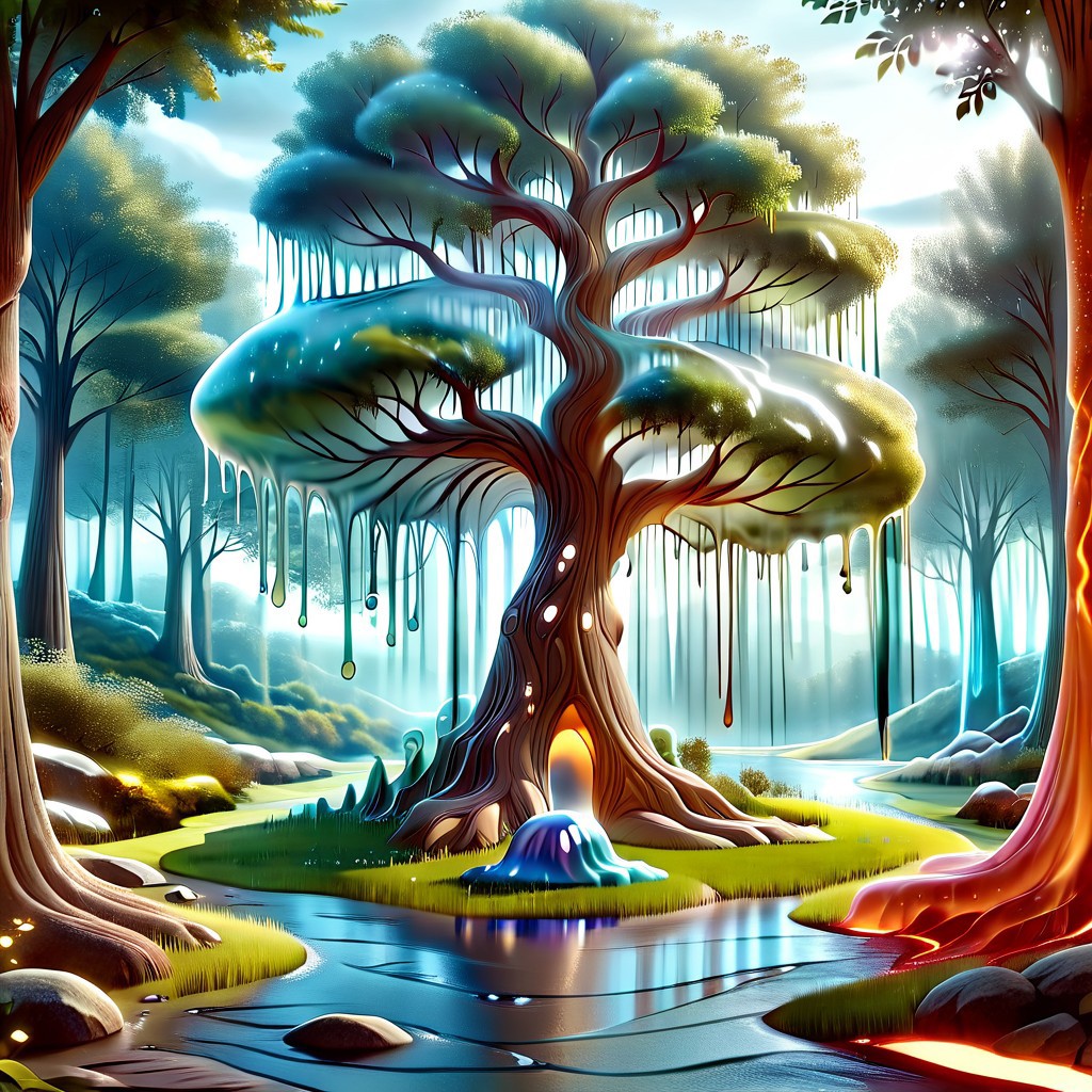 a forest made out of slime, dense-forest, Yggdrasil, a vast tree made out of slime, A large tree made out of slime, brown slime tree, translucent tree, transparent tree, 
everything made of slime, No simple background, ((slime tree)), detailed leaves, detailed bark texture, 
overcast sky, natural light, no bright spots, 
((translucent slime)), ((transparent slime)), (bioluminescent slime), sl1m3, slime, slime-morph, ais-blmn, saturated colors, no creatures, no monsters, no pokemon, scenery only, scenery, ral-lava, watce