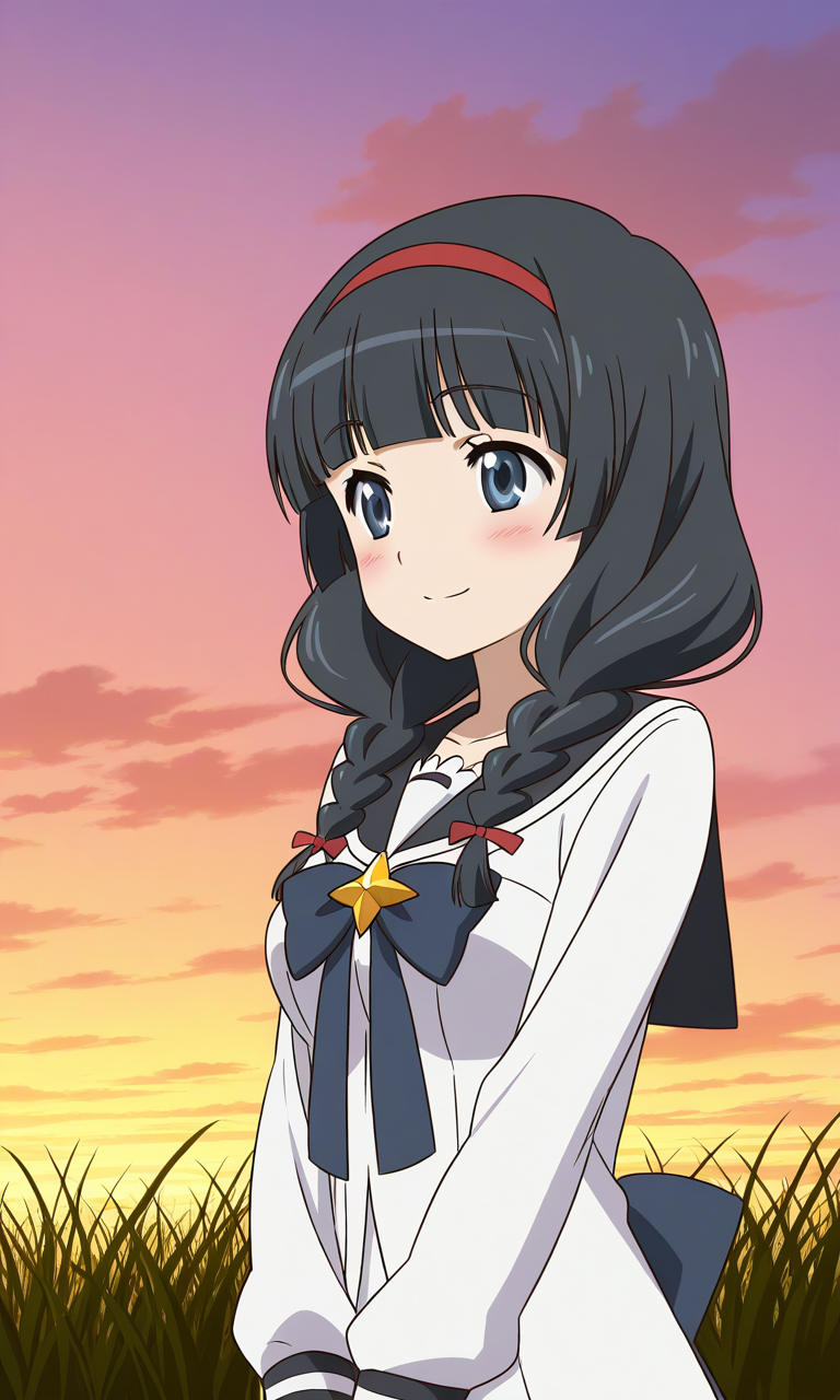 general,highres, ultra-detailed,very aesthetic,best quality ,best hands,  BREAK <lora:Itsuki_Houkago_no_Pleiades_IS:1> BREAK,
Itsuki(Pleiades), 1girl,solo, black hair, long hair, blue eyes, red hairband, twin braids, blunt bangs,breasts, anime coloring, BREAK,
 solo,  school uniform, blush, smile, cloud, sky, serafuku, upper body, long sleeves, cloudy sky, closed mouth, shirt, ribbon, v arms, blush,
grass, sky,