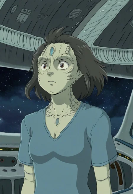Studio Ghibli Style anime scene of an 18 year old female c4rd45514n alien, forehead crest, ridges, scales, grey skin, space station background, cleavage