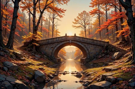 This photograph captures a serene autumn landscape dominated by a rustic stone bridge arching over a tranquil stream. The bridge, constructed from large, weathered stones, spans the width of the image, with a reflective water surface below it mirroring the warm, golden hues of the setting sun. The sun, partially obscured by the dense foliage of tall trees, casts a warm, amber glow across the scene, illuminating the vibrant autumn colors. The trees, mostly bare, display a mix of fiery reds, deep oranges, and golden yellows, with a few leaves clinging to their branches. The ground is covered with a layer of fallen leaves, adding to the rich tapestry of colors.
On either side of the stream, the banks are lined with smooth, dark rocks, adding texture to the scene. The sky is clear, allowing the sunlight to penetrate through the trees, creating a dappled effect on the ground and water. The overall mood of the image is peaceful and contemplative, capturing the essence of a crisp autumn day. The photograph emphasizes the interplay of light and shadow, color and texture, creating a harmonious and picturesque scene.
<lora:DarksunRIDDV3:0.5> <lora:flux_hyperkraximalism-balanced:0.5> <lora:Midjourney_-_SemiReal_Dreams_FLUX_LoRA:0.5> <lora:CPA:0.5> <lora:Anime_realistic_v2:0.5> Realistic anime style <lora:BLUE_mk4_angel_FLUX_01:0.5>