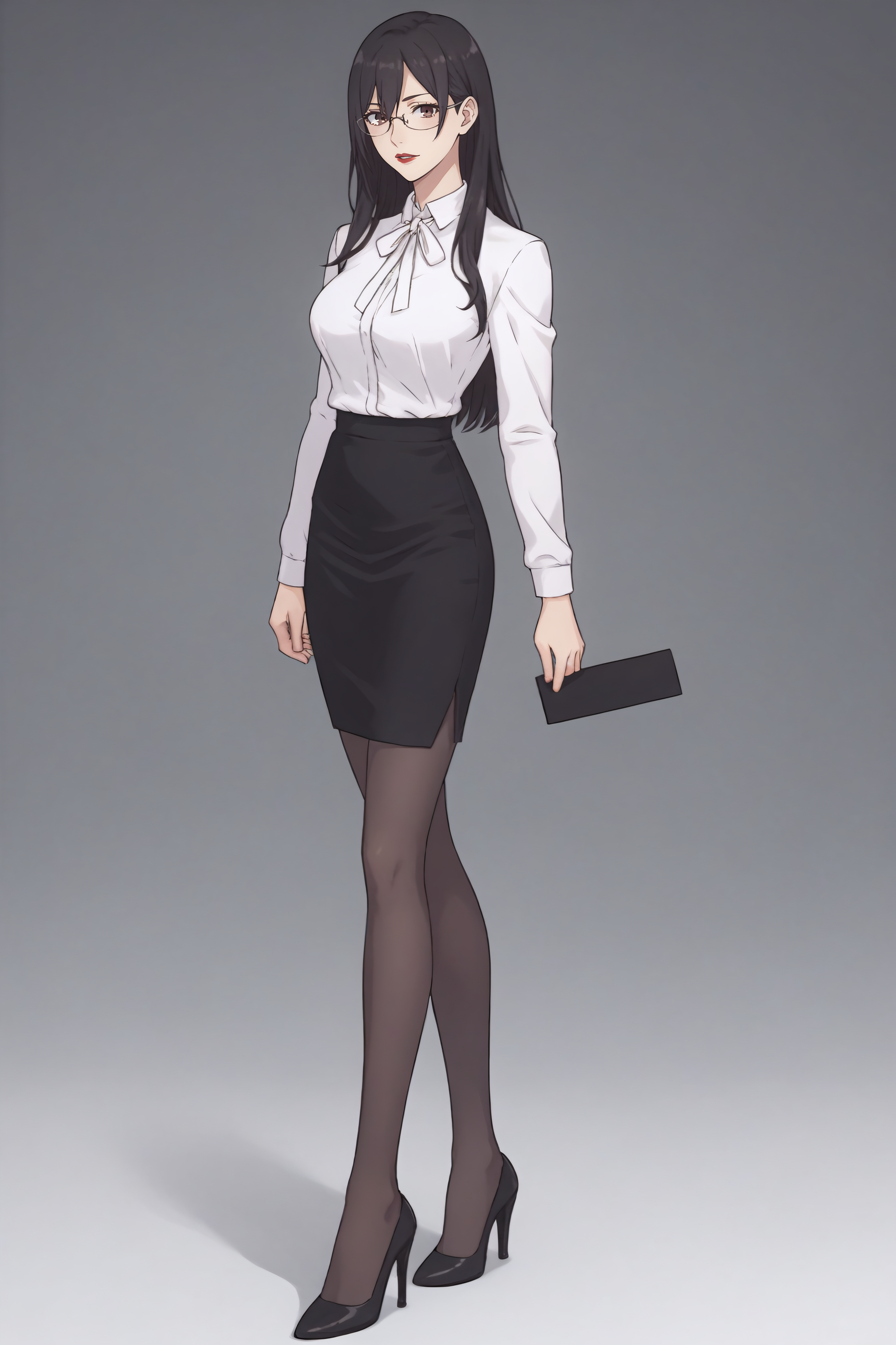 score_9, score_8_up, score_7_up, BREAK source_anime, <lora:Mayuri Hanyuu-PonyXL-lora-Faxtron:0.8> mayuri hanyuu, brown eyes, black hair, long hair, medium breasts, red lips, glasses, white shirt, white neck ribbon, pencil skirt, black pantyhose, high heels, standing,