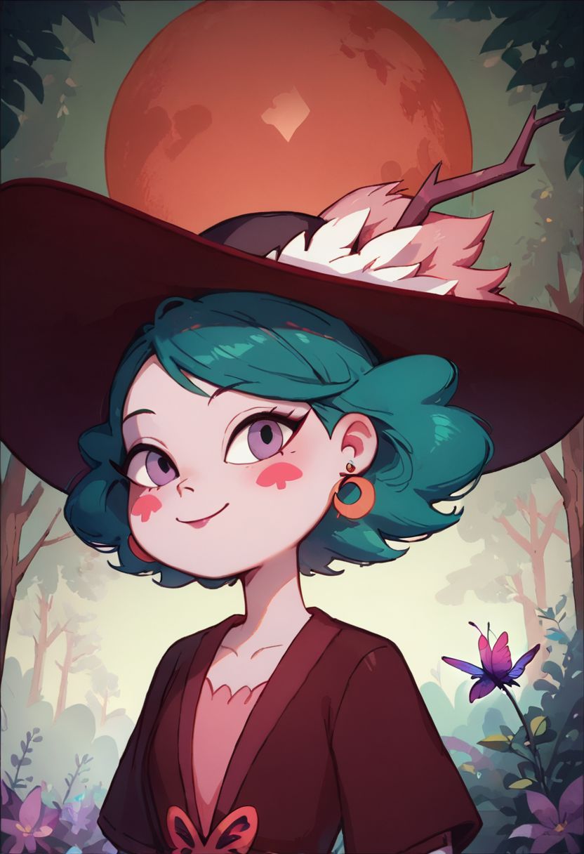 score_9, score_8_up, score_8, Eclipsa Butterfly, green hair, short hair, purple eyes, red moon earrings, red spade blush stickers, dark red sun hat with feathers and branch, white gloves, red cardigan with butterfly decoration, pink dress, 
upper body, smile, closed mouth, in woods, vivid colors,