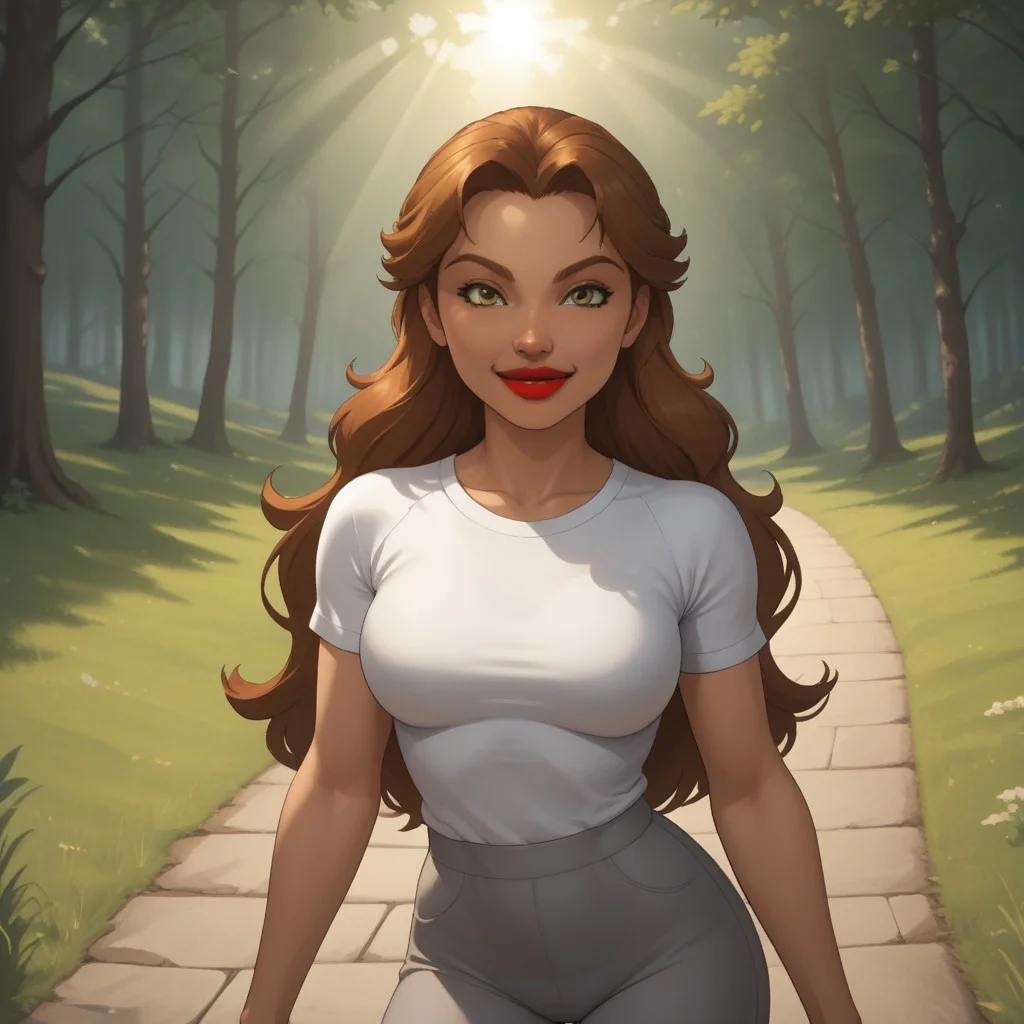 score_9, score_8, BREAK, solo, wii, mii, wii sports, 1girl, female mii, dark yellow eyes, black eyeshadow, auburn hair, red lips, lipstick, big lips, white clothing, gray pants, cute, nintendo mii, modern_mii, classic_mii, breasts, naomi_(\wii_sports\), sexy pose, smile, outdoors, sunlight, shadows, evening lighting, natural lighting, forest, trees, grass, orange sky, sunset